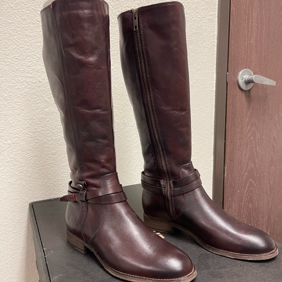 Frye Shoes - Frye Leather Belted Medium Calf Tall Boots - Melissa in Plum